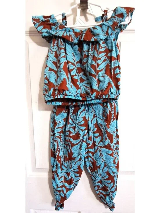 Janie and Jack Girl's 4 Tropical Print 2-Piece Cold Shoulder Pants Set - Picture 3 of 8